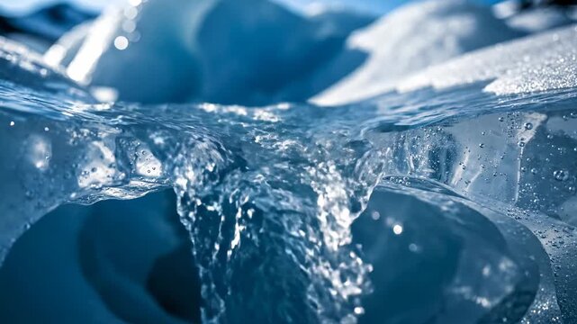 Clear flowing mountain stream water cascades through porous jagged blocks of frozen glacial formations inside a natural terrestrial landscape during the sunny peak of a frosty winter season