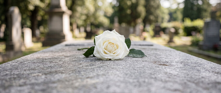 White rose resting on a granite gravestone in a cemetery. Symbol of memorial, grief, and loss. Mourning ritual after funeral service. Tribute to the memory of the deceased person.
