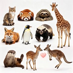 Obraz premium Complete Wild Animal Collection Cat Red Panda Sloth Giraffe Penguin Badger Otter Deer and Kangaroo on Clean White Background for World Wildlife Day Content 