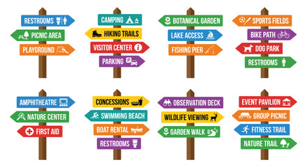 Collection of colorful directional signposts with icons indicating park facilities and amenities signpost signage © Bijori