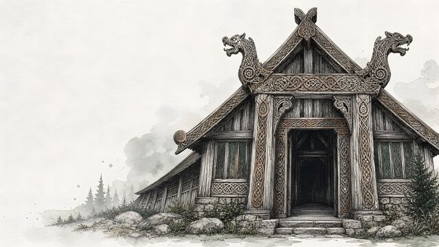 Monumental Wooden Viking Longhouse Dragon Prow Entrance Museum Line Art Banner