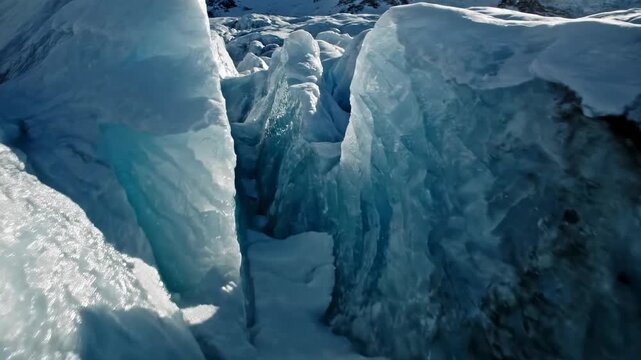 A massive deep blue crevasse forms within a colossal frozen arctic glacier mountain as sunlight illuminates the jagged icy pathways of this remote northern landscape during the chilly winter