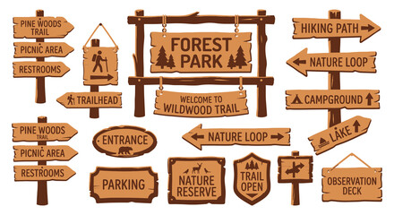 Collection of wooden signposts with directional text and nature themed illustrations vector graphic signpost © Bijori