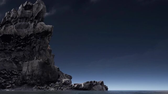 A large rock formation rises from the water. The dark sky creates a dramatic scene. The coast is visible in the distance. Waves gently lap against the rocks.
