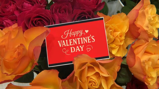 Happy Valentine&rsquo;s Day Card Among Vibrant Flowers with Slow Camera Zoom

