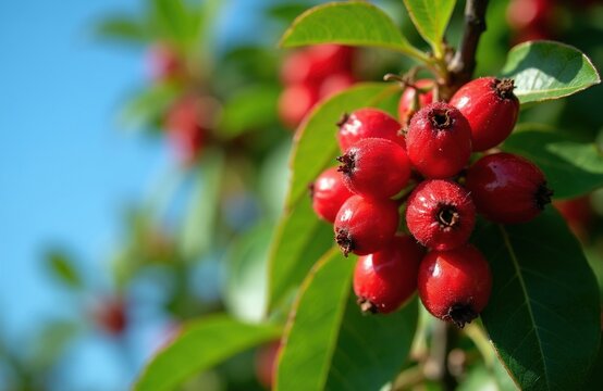 Cluster of ripe red Antidesma thwaitesianum berries on tree branch with bright green leaves. Closeup view of tiny round tropical fruits under sunlight. Natural forest plant growth in garden setting.