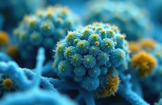 Microscopic view of blue fungal conidiophores, showing detailed spore structures. Tiny green and yellow elements form clusters on intricate blue hyphae. Scientific research element.