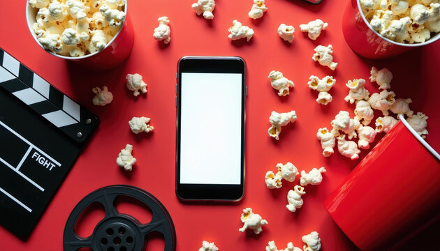 Smartphone with empty screen rests on red background with popcorn buckets, film clapper board. Mobile phone displays cinema content streaming for movie night. Digital device entertainment concept