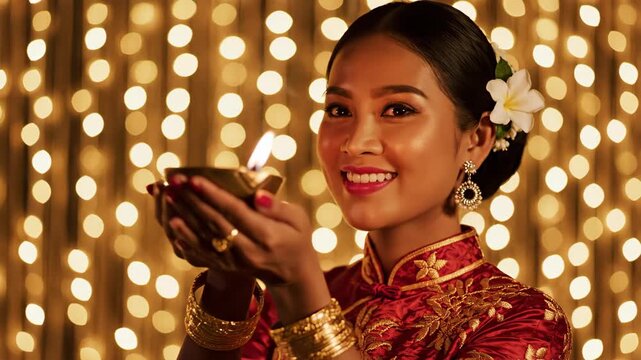Smiling woman in red traditional dress holding oil lamp.