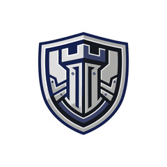 Stylized heraldic shield with robotic fortress turret design. © alip