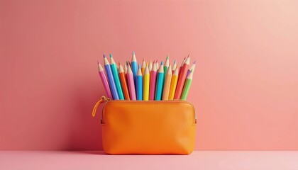 Fototapeta premium Orange pencil case filled with vibrant colored pencils on soft pink background. Creative stationery set stands upright for artistic projects. School equipment includes drawing tools for students.