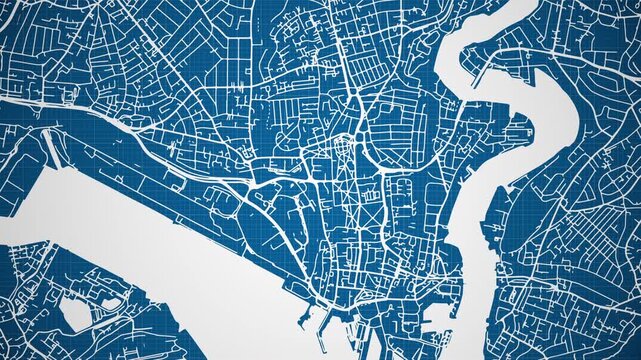 Ink reveal animation of Southampton city, Hampshire, United Kingdom, grid map. Aerial top view. Blueprint style. White lines with blue background. 4K Seamless loop.