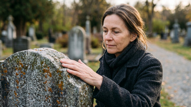Woman touching headstone in cemetery. Mourning widow visiting grave to remember departed loved one. Grief and loss concept. Reflection on life and death in graveyard memorial park.