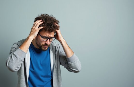 Young man with curly hair, glasses holds head with hands in frustration. Stressed student feels overwhelmed by difficult task memory loss. Confused guy looks down experiencing mental pressure