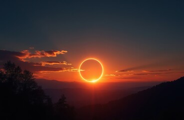 Fototapeta premium Total solar eclipse shines over dark mountain horizon at dusk. Glowing ring of fire appears in twilight sky above silhouette of forest hills. Celestial event creates bright circle light during moon