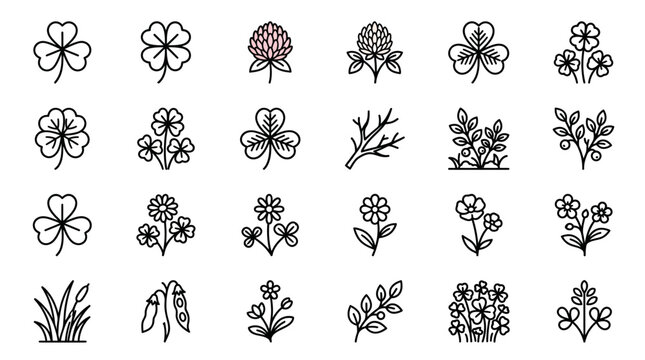 Clover and flower line icons for nature.