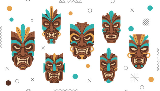 Collection of seven stylized tribal tiki masks featuring brown wood tones, teal accents, and feather decorations.