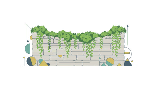 Low stone boundary wall topped with trailing green ivy vines and surrounded by colorful geometric ornaments.