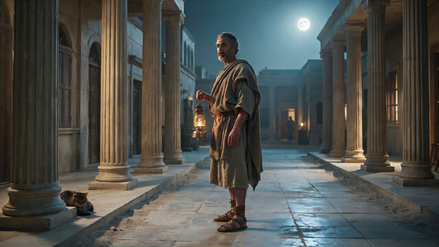 Historical Figure Holding Lantern Amidst Ancient Roman Architecture At Night