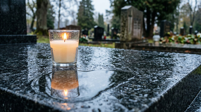 Burning candle on black stone tombstone in cemetery. Reflection of flame on wet granite grave marker during rainy weather. Concept of remembrance, mourning, funeral and memorial tradition.