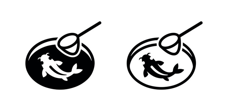 Koi fish in a net icon, symbolizing fishing, aquaculture, or pet care and pond maintenance.