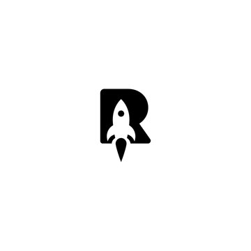 Letter r rocket ship launch startup symbol logo design with business innovation technology alphabet typography creative corporate identity