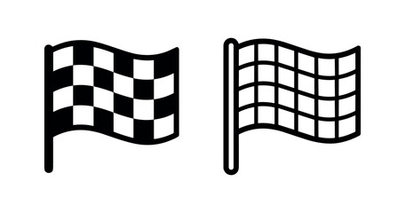 Obraz premium Checkered flag icon set: flat black silhouette and outline line art graphic vector illustration