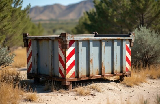 Large grey metal waste container sits on dirt ground in rural landscape. Industrial bin for trash disposal features red, white warning stripes. Outdoor rubbish dump box stands near green pine trees,