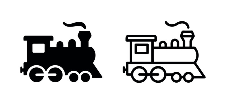 Steam train icon set: flat black silhouette and outline line art graphic vector illustration