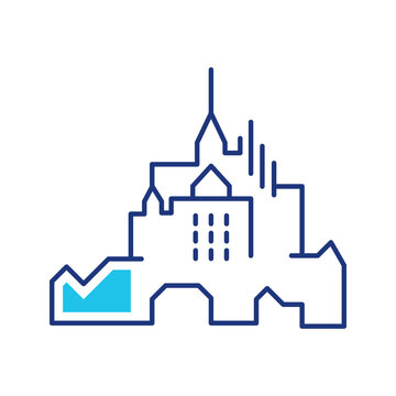 Island abbey icon. Travel and historic building line symbol. Color.