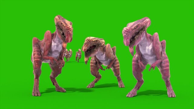 Green Screen Group Dinosaur Dilophoraptor Idle and Runs 3D Rendering Jurassic Animations CGI 4K