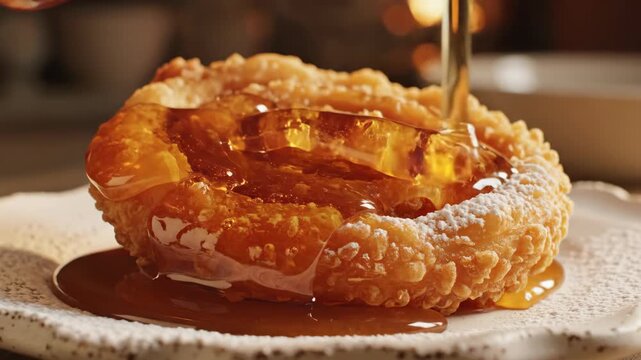 Syrup pouring over sweet golden Indian jalebi.