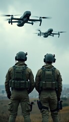 Fototapeta premium Two soldiers in tactical gear stand watching military drones flight in cloudy sky. Armed special forces personnel monitor remote aircraft aerial patrol operations. Combat operators conduct