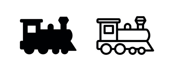 Toy train or steam locomotive icon set. Black and outline vector illustration of a classic engine. © liubomir118809
