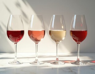 Obraz premium Four elegant crystal glasses hold assorted wine varieties including red rose, white on marble surface. Sunny light creates soft shadows for aesthetic mood. Beverage selection presents luxury dinner