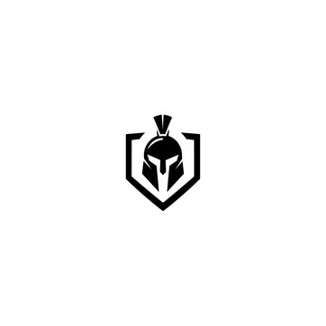 Warrior spartan helmet inside a protective shield logo with gladiator protection military strength security fearless strategy tactical