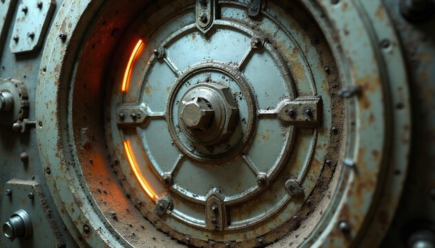 Round metal bulkhead door inside dark spaceship interior. Sci fi corridor wall with weathered surface textures, glowing orange neon light rings. Abandoned space station machinery room with mechanical