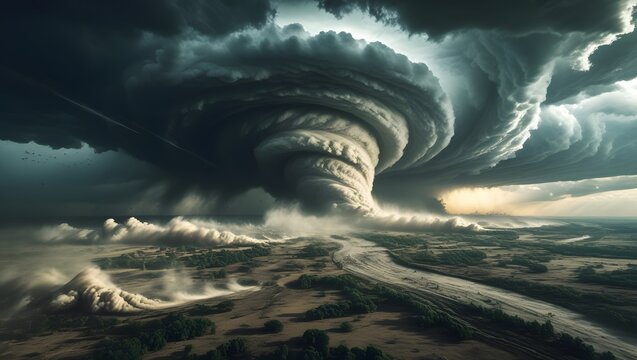 Massive Supercell Tornado Over Rural Landscape with Intense Atmospheric Lighting