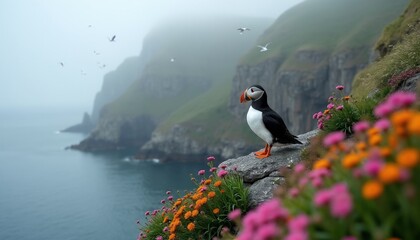 Obraz premium Atlantic puffin stands on rocky cliff ledge near wild flowers. Ocean waves crash below rocky cliffs with green grass. Seagulls fly in foggy atmosphere.
