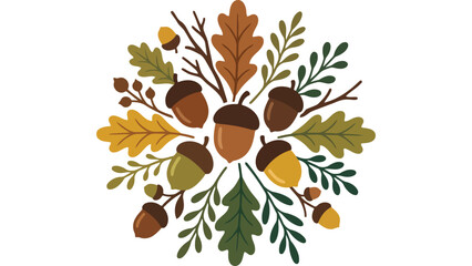 Autumn acorn and oak leaf wreath. Fall season botanical illustration for seasonal design. © @ahmedmaynul