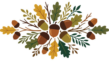 Autumn acorn and oak leaf composition. Fall season botanical illustration for design. © @ahmedmaynul