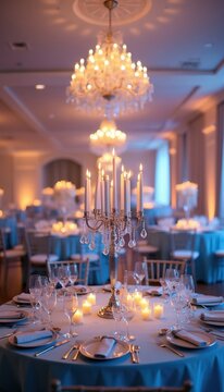 Elegant reception hall with crystal chandeliers and candlelit tables. Guests gather for a formal wedding or banquet. Luxurious setting for celebration and joyous events.