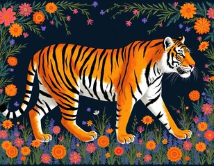 Fototapeta premium Orange tiger walks through colorful flowers. Vibrant illustration shows majestic animal in wild nature. Decorative floral pattern with traditional art style. Wildlife scene with rich foliage.