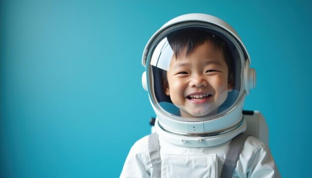 Happy smiling child wears white astronaut helmet, space suit. Little boy plays as space explorer on bright blue background. Cute kid imagines future mission travel to galaxy. Asian toddler fun