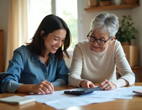 Two women with calculator review finances at home. Smiling elder woman and young adult happy discussing bills planning budget. Family work together on home office table.