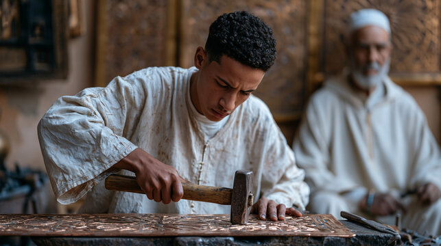 Young Moroccan apprentice ironworker hammering decorative geometric pattern into copper sheet at traditional souk workshop intricate finished panels hanging behind master
