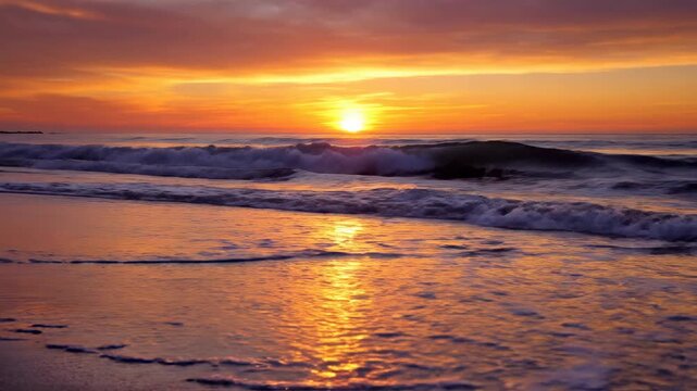 A vibrant golden sun descends over the rolling tide during a serene dusk period, casting warm amber reflections upon the wet sand while gentle waves create peaceful rhythms along the coastal