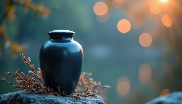 Dark cremation urn sits on rock near dry plant. Serene bokeh background suggests peace after loss. Symbol of remembrance and eternal rest, offering quiet closure.