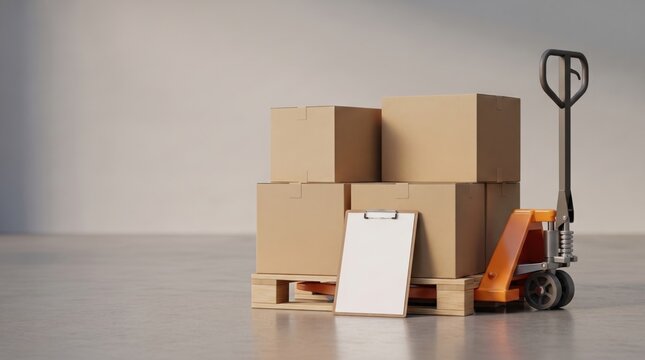 Cardboard Boxes on Wooden Pallet with Hydraulic Hand Pallet Jack and Blank Clipboard, Logistics Warehouse Delivery and Cargo Shipping Concept