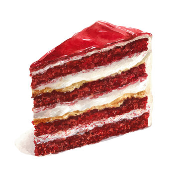 Red Velvet Cake watercolor drawing vector, premium quality illustration on a clean white background.